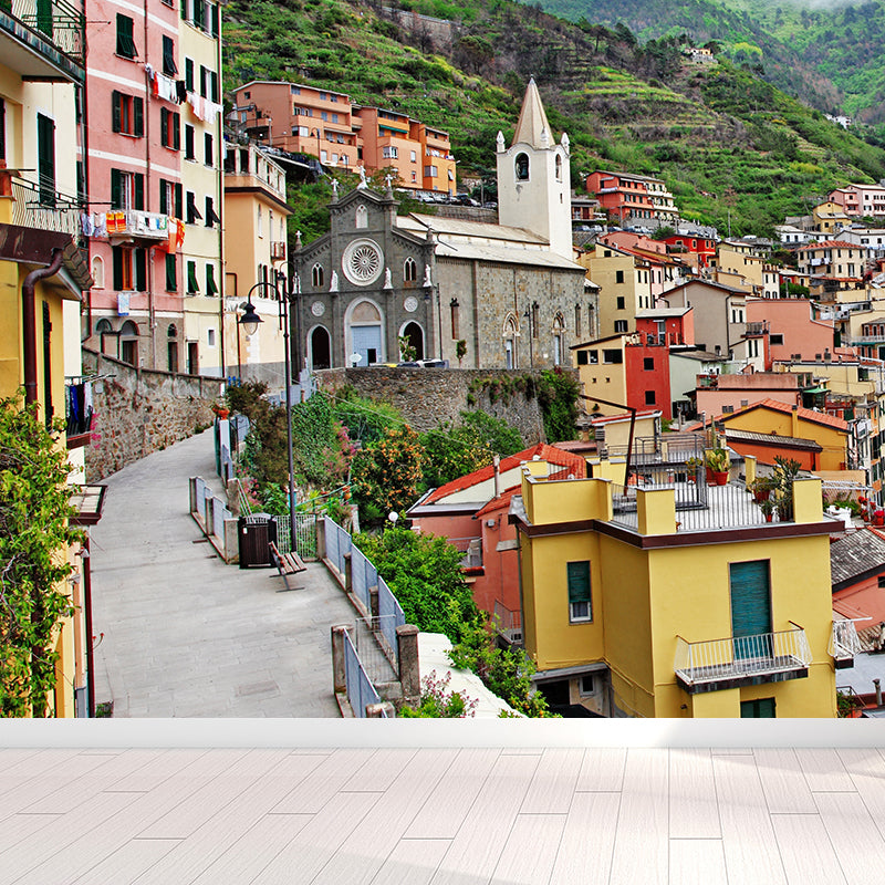 Mountain Town Building Mural Wallpaper Contemporary Non-Woven Material Wall Covering Clearhalo 'Wall Decor' 'Wall Mural' 1619047