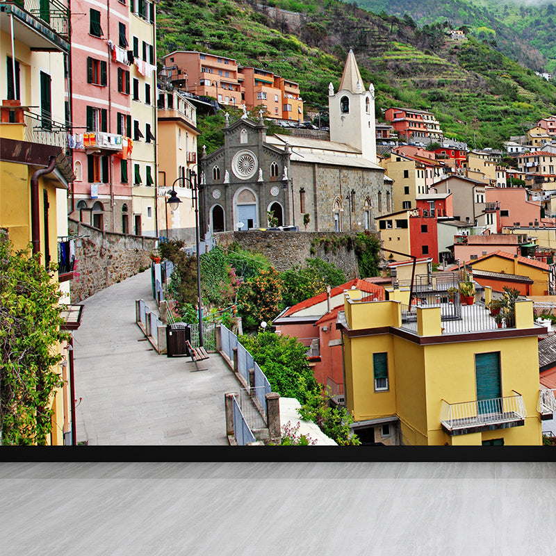 Mountain Town Building Mural Wallpaper Contemporary Non-Woven Material Wall Covering Clearhalo 'Wall Decor' 'Wall Mural' 1619048