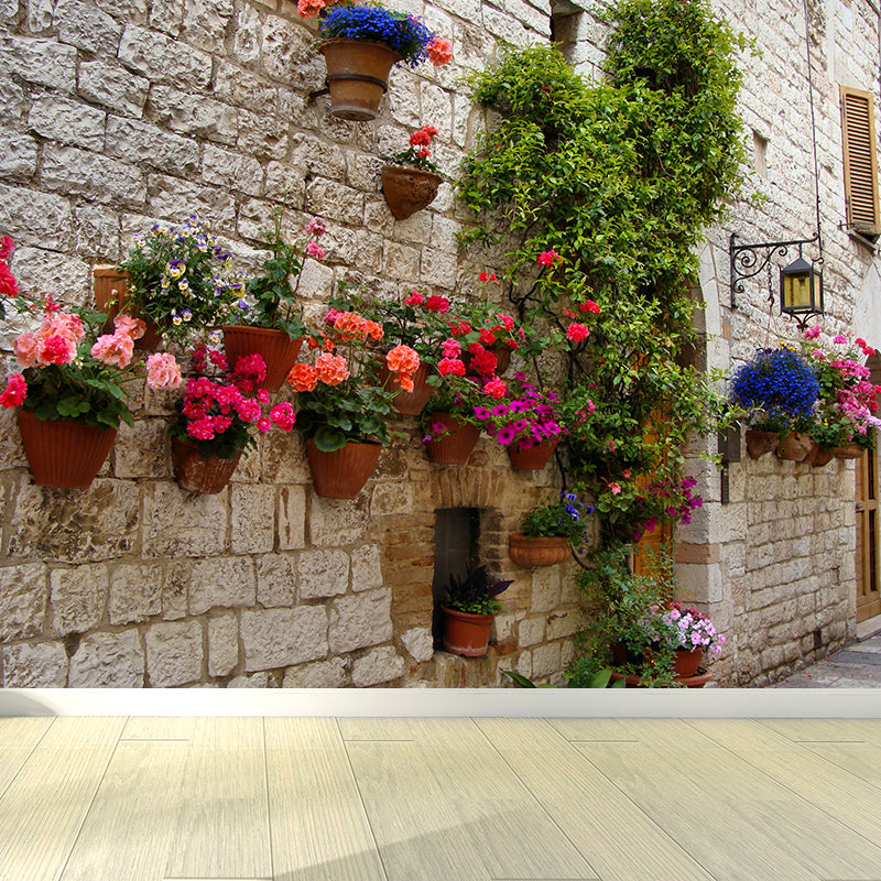 Contemporary Town and Flowers Mural Wallpaper Green Fancy Architecture Wall Covering Clearhalo 'Wall Decor' 'Wall Mural' 1619057