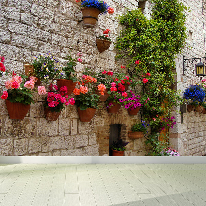 Contemporary Town and Flowers Mural Wallpaper Green Fancy Architecture Wall Covering Clearhalo 'Wall Decor' 'Wall Mural' 1619058