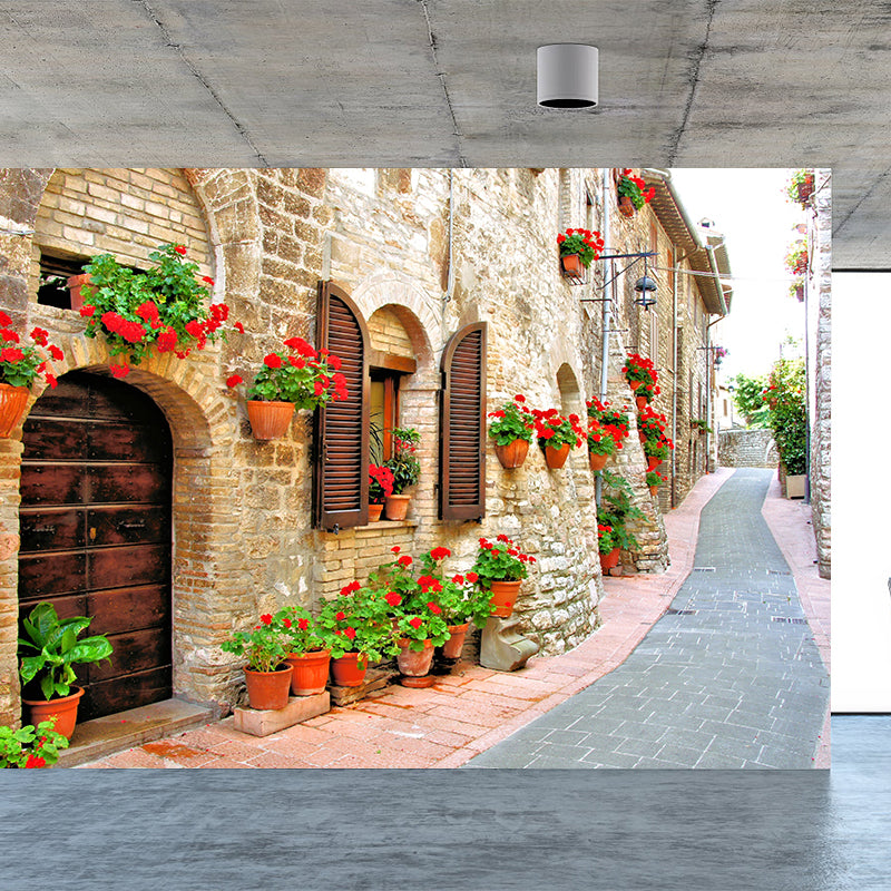 Modern Flowers and Building Mural Non-Woven Stain Resistant Red Wall Art for Living Room Red Clearhalo 'Wall Decor' 'Wall Mural' 1619061