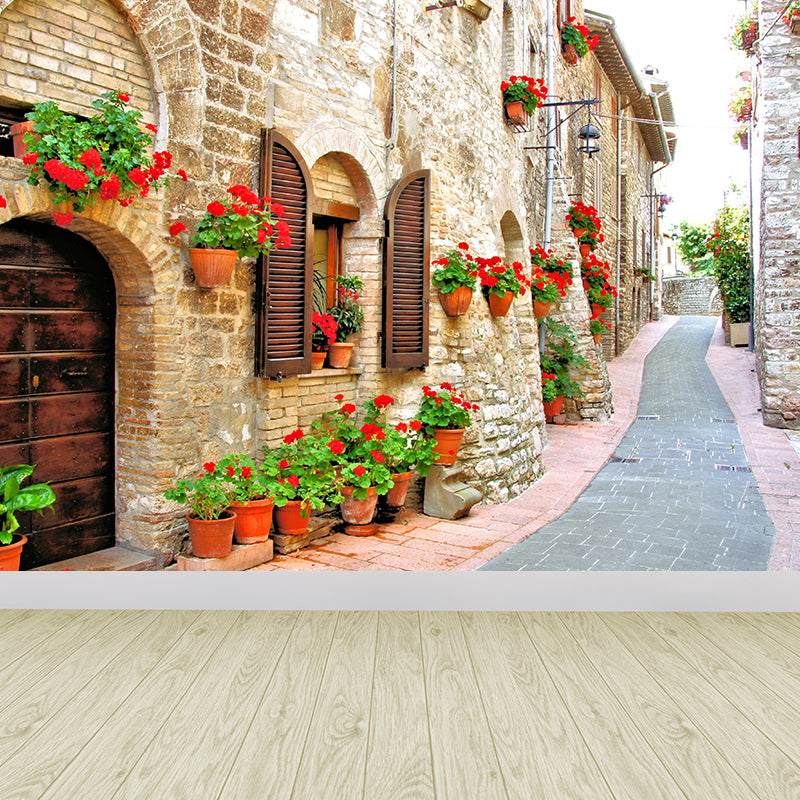 Modern Flowers and Building Mural Non-Woven Stain Resistant Red Wall Art for Living Room Clearhalo 'Wall Decor' 'Wall Mural' 1619062