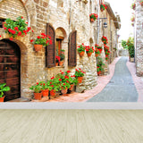 Modern Flowers and Building Mural Non-Woven Stain Resistant Red Wall Art for Living Room