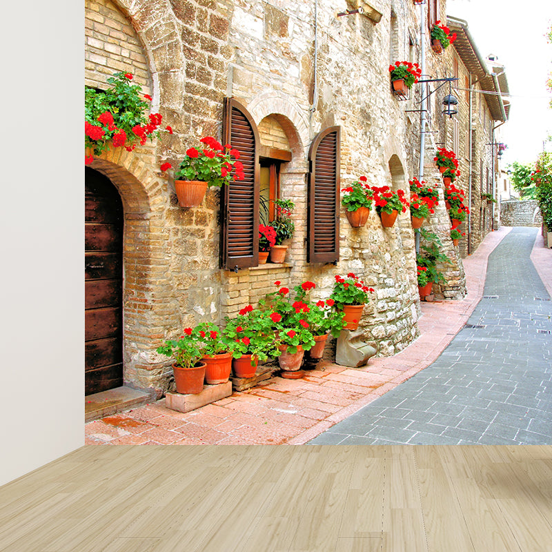 Modern Flowers and Building Mural Non-Woven Stain Resistant Red Wall Art for Living Room Clearhalo 'Wall Decor' 'Wall Mural' 1619063