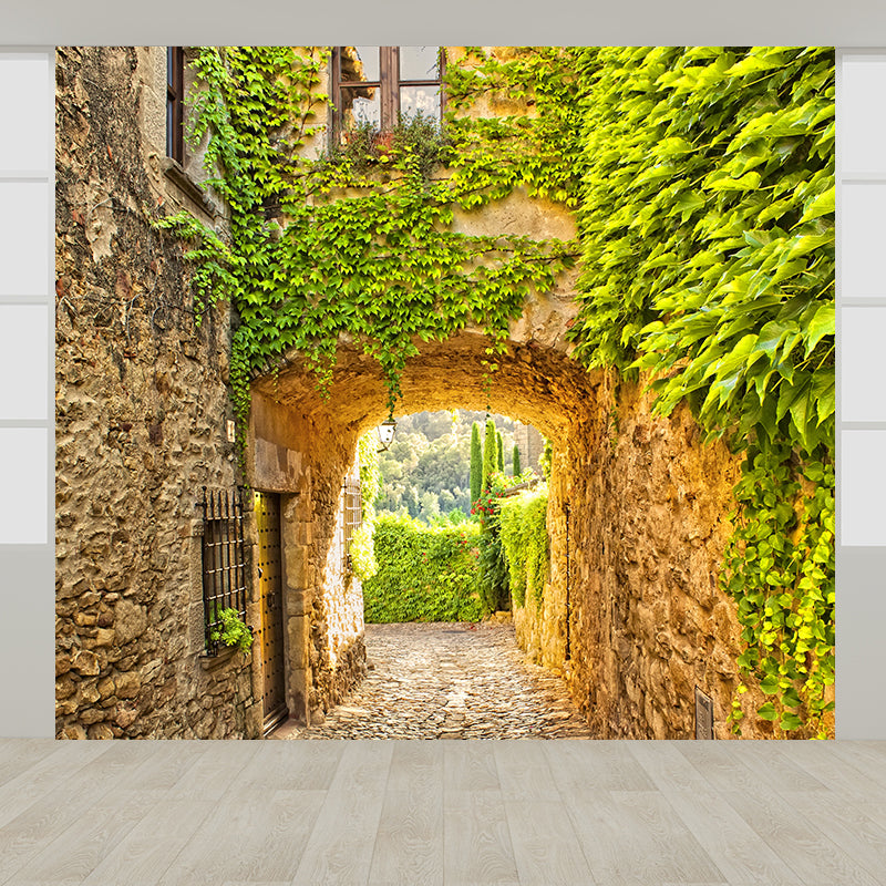 Contemporary Stone Building Wall Mural Green Decorative Wall Covering for Living Room Clearhalo 'Wall Decor' 'Wall Mural' 1619068