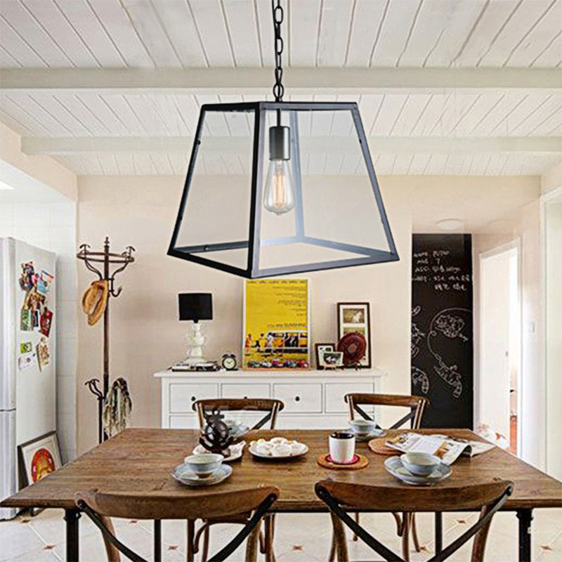 Industrial Trapezoid Pendant Lighting 1 Light Clear Glass Hanging Light Fixture in Black, 7" /12" Wide Clearhalo 'Ceiling Lights' 'Chandeliers' 'Glass shade' 'Glass' 'Industrial Pendants' 'Industrial' 'Middle Century Pendants' 'Pendant Lights' 'Pendants' 'Tiffany' Lighting' 161909