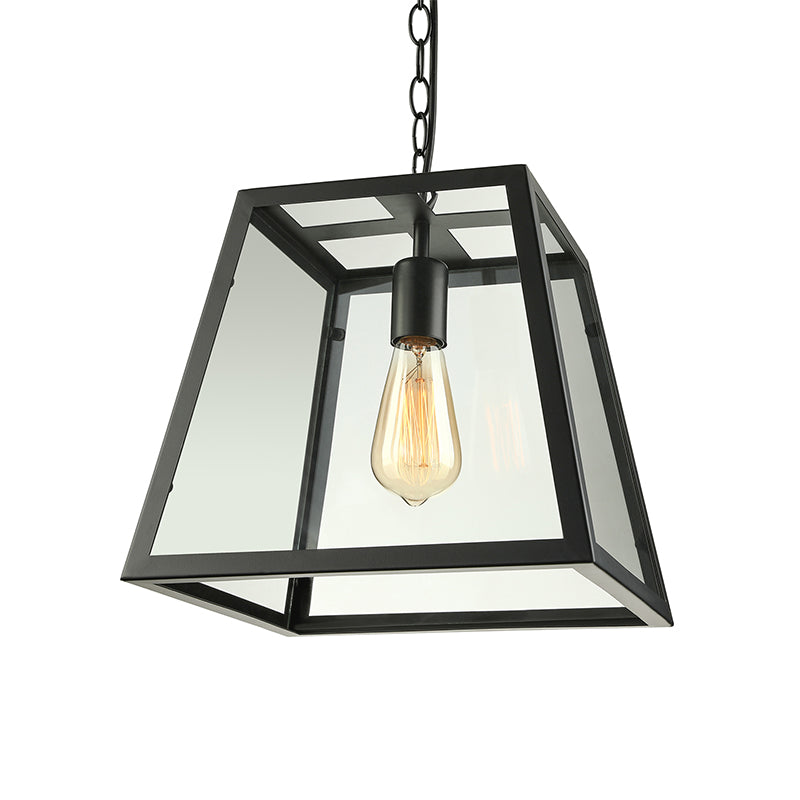 Industrial Trapezoid Pendant Lighting 1 Light Clear Glass Hanging Light Fixture in Black, 7" /12" Wide Clearhalo 'Ceiling Lights' 'Chandeliers' 'Glass shade' 'Glass' 'Industrial Pendants' 'Industrial' 'Middle Century Pendants' 'Pendant Lights' 'Pendants' 'Tiffany' Lighting' 161910