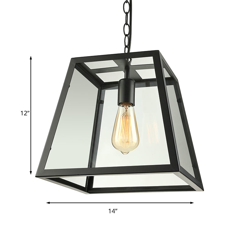 Industrial Trapezoid Pendant Lighting 1 Light Clear Glass Hanging Light Fixture in Black, 7" /12" Wide Clearhalo 'Ceiling Lights' 'Chandeliers' 'Glass shade' 'Glass' 'Industrial Pendants' 'Industrial' 'Middle Century Pendants' 'Pendant Lights' 'Pendants' 'Tiffany' Lighting' 161911