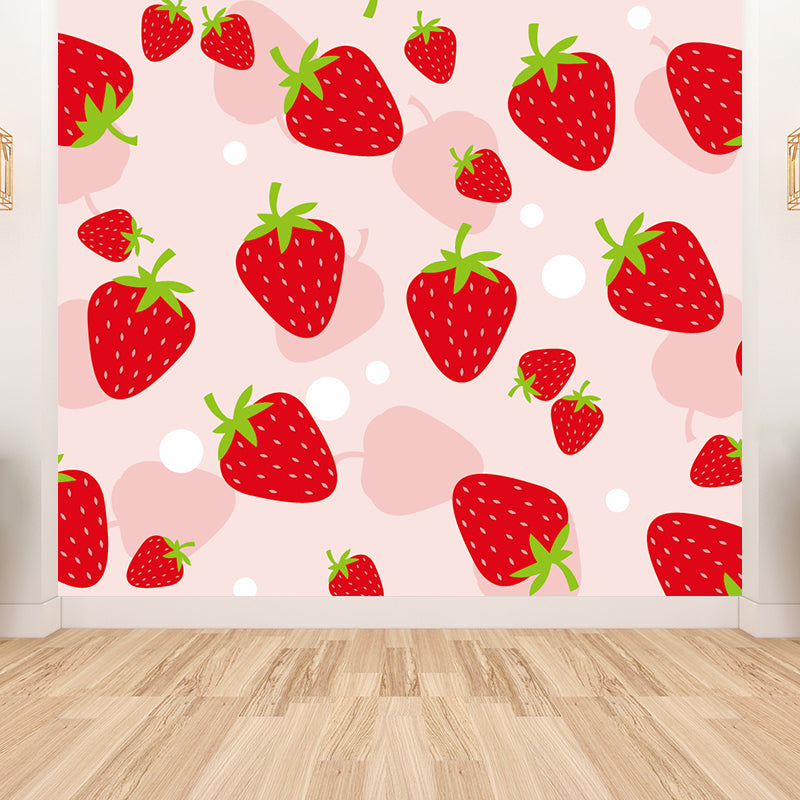 Full Size Illustration Modern Mural Wallpaper with Attractive Strawberries in Red Red Clearhalo 'Wall Decor' 'Wall Mural' 1619151