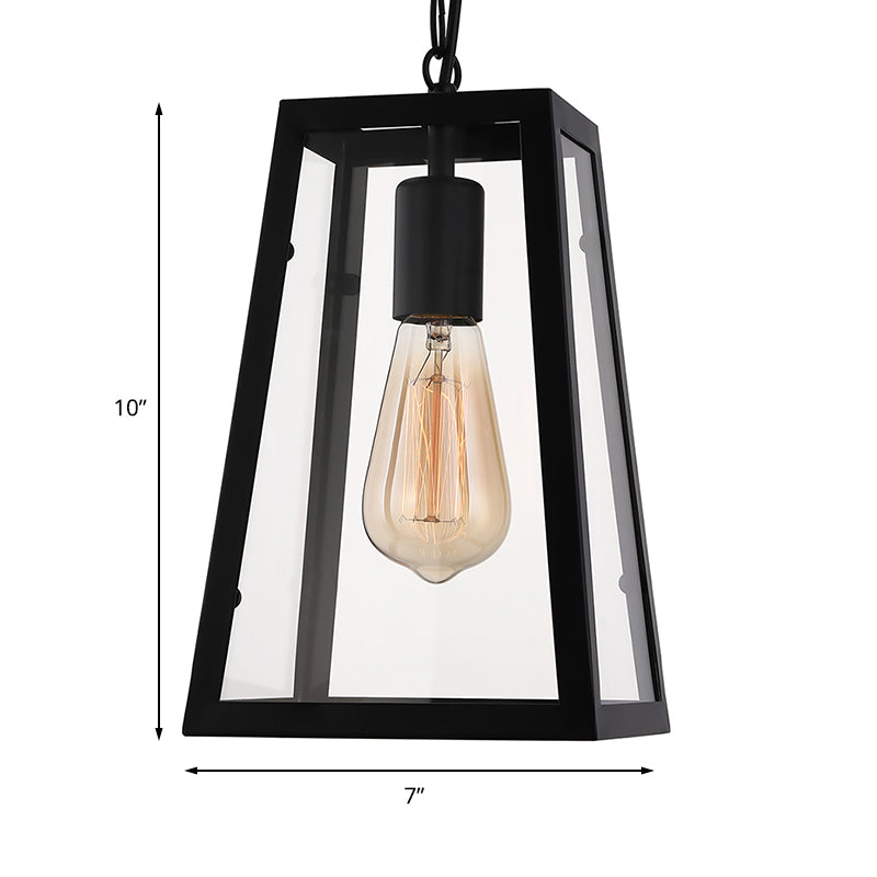 Industrial Trapezoid Pendant Lighting 1 Light Clear Glass Hanging Light Fixture in Black, 7" /12" Wide Clearhalo 'Ceiling Lights' 'Chandeliers' 'Glass shade' 'Glass' 'Industrial Pendants' 'Industrial' 'Middle Century Pendants' 'Pendant Lights' 'Pendants' 'Tiffany' Lighting' 161916