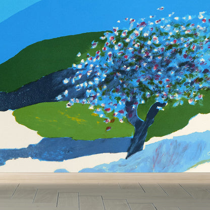 Modern Aesthetics Girls Mural Wallpaper Mountains and Flowers Blue Wall Covering Blue Clearhalo 'Wall Decor' 'Wall Mural' 1619181