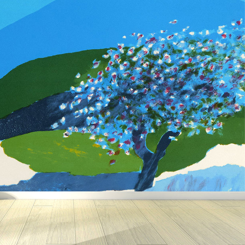 Modern Aesthetics Girls Mural Wallpaper Mountains and Flowers Blue Wall Covering Clearhalo 'Wall Decor' 'Wall Mural' 1619182