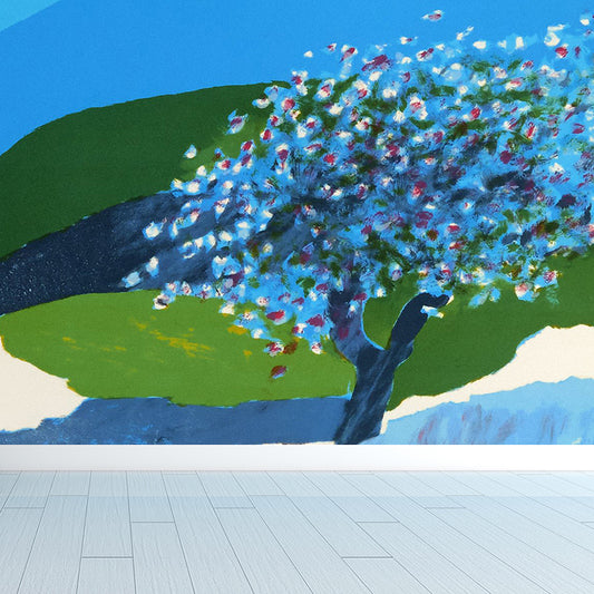 Modern Aesthetics Girls Mural Wallpaper Mountains and Flowers Blue Wall Covering Clearhalo 'Wall Decor' 'Wall Mural' 1619183