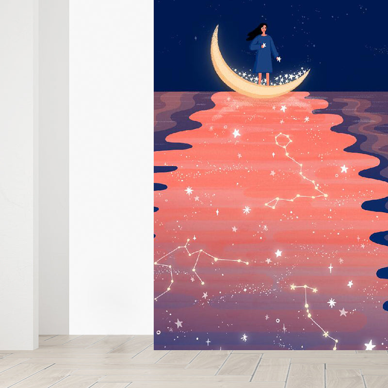 Mysterious Moon and Space Mural Wallpaper Contemporary Non-Woven Cloth Wall Covering Orange Clearhalo 'Wall Decor' 'Wall Mural' 1619231