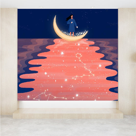 Mysterious Moon and Space Mural Wallpaper Contemporary Non-Woven Cloth Wall Covering Clearhalo 'Wall Decor' 'Wall Mural' 1619232