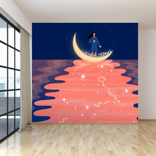 Mysterious Moon and Space Mural Wallpaper Contemporary Non-Woven Cloth Wall Covering Clearhalo 'Wall Decor' 'Wall Mural' 1619233