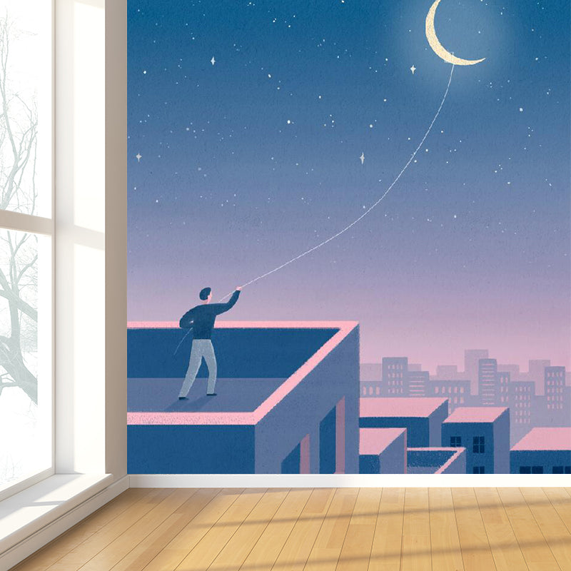 Moon and Cityscape Mural Wallpaper Blue Contemporary Wall Covering for Living Room Blue Clearhalo 'Wall Decor' 'Wall Mural' 1619236
