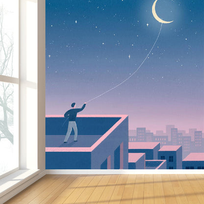 Moon and Cityscape Mural Wallpaper Blue Contemporary Wall Covering for Living Room Blue Clearhalo 'Wall Decor' 'Wall Mural' 1619236