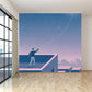Moon and Cityscape Mural Wallpaper Blue Contemporary Wall Covering for Living Room Clearhalo 'Wall Decor' 'Wall Mural' 1619237