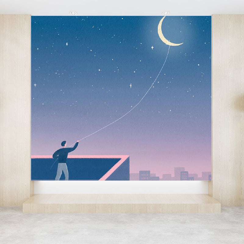 Moon and Cityscape Mural Wallpaper Blue Contemporary Wall Covering for Living Room Clearhalo 'Wall Decor' 'Wall Mural' 1619238
