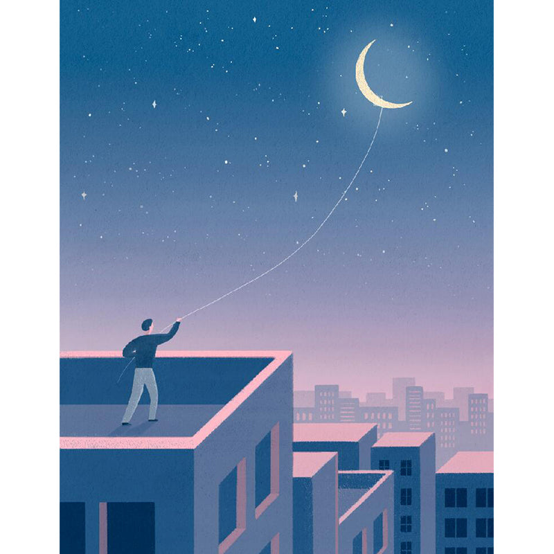 Moon and Cityscape Mural Wallpaper Blue Contemporary Wall Covering for Living Room Clearhalo 'Wall Decor' 'Wall Mural' 1619239