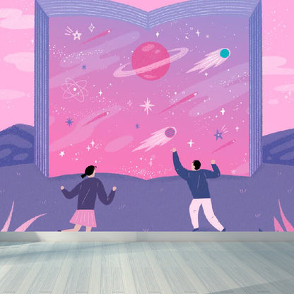 Modern Starry Night Mural Wallpaper for Boys Bedroom Full Size Wall Covering in Pink Pink Clearhalo 'Wall Decor' 'Wall Mural' 1619251