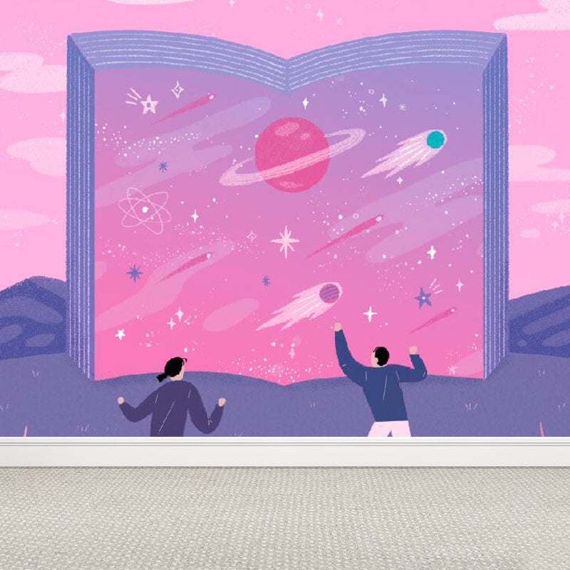 Modern Starry Night Mural Wallpaper for Boys Bedroom Full Size Wall Covering in Pink Clearhalo 'Wall Decor' 'Wall Mural' 1619253