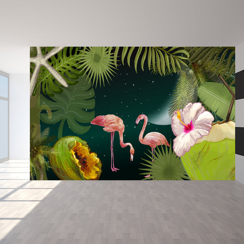 Flamingo Twins and Trees Mural Wallpaper Tropical Non-Woven Material Wall Covering Green Clearhalo 'Wall Decor' 'Wall Mural' 1619281