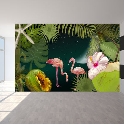 Flamingo Twins and Trees Mural Wallpaper Tropical Non-Woven Material Wall Covering Green Clearhalo 'Wall Decor' 'Wall Mural' 1619281