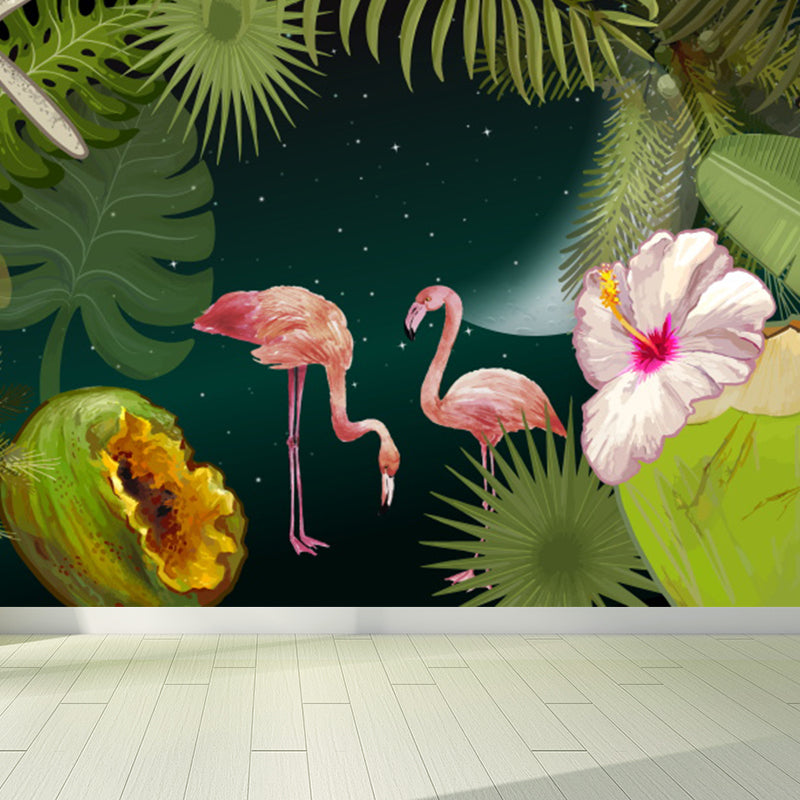 Flamingo Twins and Trees Mural Wallpaper Tropical Non-Woven Material Wall Covering Clearhalo 'Wall Decor' 'Wall Mural' 1619282