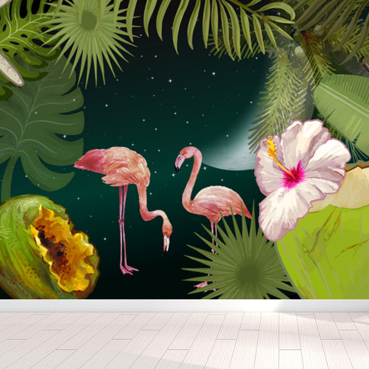 Flamingo Twins and Trees Mural Wallpaper Tropical Non-Woven Material Wall Covering Clearhalo 'Wall Decor' 'Wall Mural' 1619283