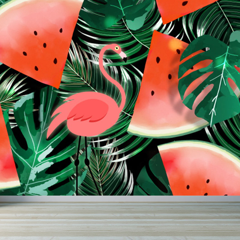 Red Flamingo and Leaves Mural Decal for Decoration Tropical Living Room Wall Art Red Clearhalo 'Wall Decor' 'Wall Mural' 1619311