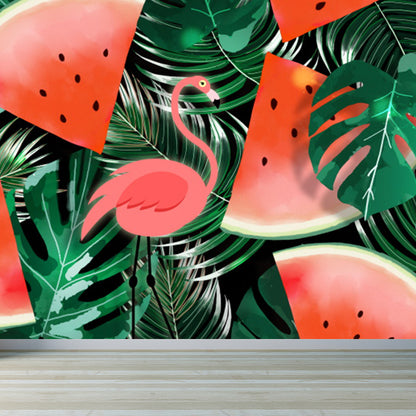 Red Flamingo and Leaves Mural Decal for Decoration Tropical Living Room Wall Art Red Clearhalo 'Wall Decor' 'Wall Mural' 1619311
