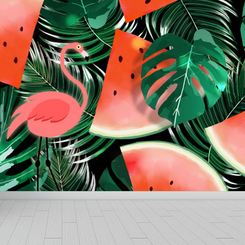 Red Flamingo and Leaves Mural Decal for Decoration Tropical Living Room Wall Art Clearhalo 'Wall Decor' 'Wall Mural' 1619312
