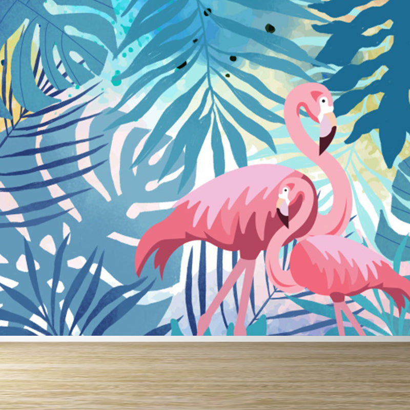 Illustration Flamingos and Leaves Mural for Living Room, Blue, Custom Size Available Blue Clearhalo 'Wall Decor' 'Wall Mural' 1619321