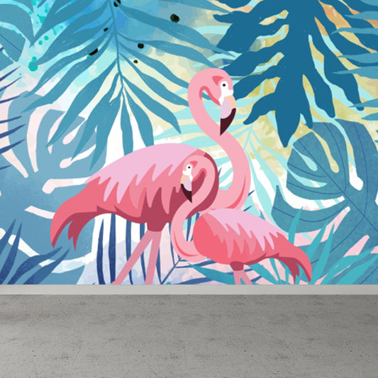 Illustration Flamingos and Leaves Mural for Living Room, Blue, Custom Size Available Clearhalo 'Wall Decor' 'Wall Mural' 1619322