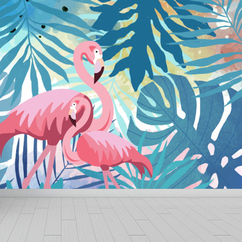 Illustration Flamingos and Leaves Mural for Living Room, Blue, Custom Size Available Clearhalo 'Wall Decor' 'Wall Mural' 1619323
