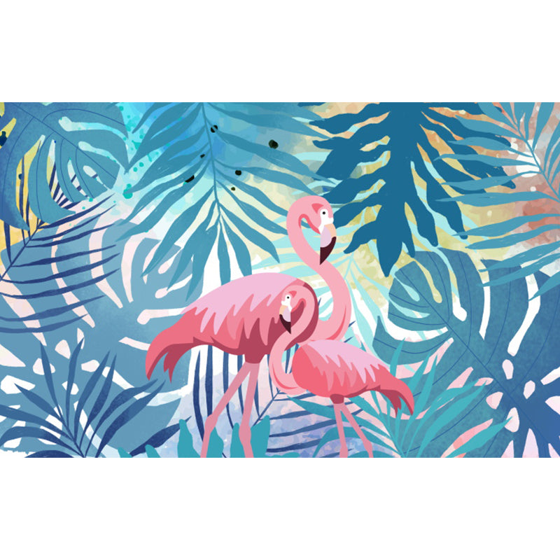 Illustration Flamingos and Leaves Mural for Living Room, Blue, Custom Size Available Clearhalo 'Wall Decor' 'Wall Mural' 1619324