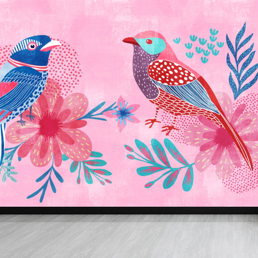 Tropical Teenagers Mural Wallpaper Nature Bird Twins and Leaves Pink Wall Covering Clearhalo 'Wall Decor' 'Wall Mural' 1619357