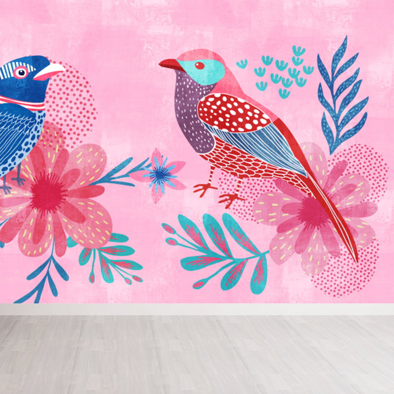 Tropical Teenagers Mural Wallpaper Nature Bird Twins and Leaves Pink Wall Covering Clearhalo 'Wall Decor' 'Wall Mural' 1619358