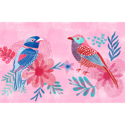 Tropical Teenagers Mural Wallpaper Nature Bird Twins and Leaves Pink Wall Covering Clearhalo 'Wall Decor' 'Wall Mural' 1619359