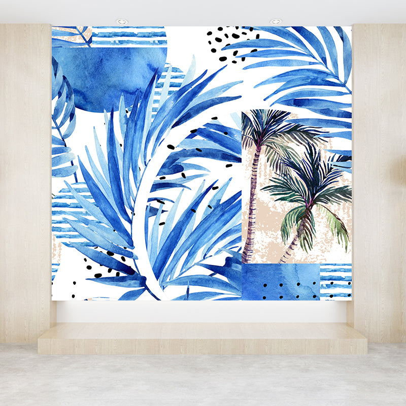 Green Leaves Pattern Mural Wallpaper Stain Resistant Tropical Dining Room Wall Covering Blue Clearhalo 'Wall Decor' 'Wall Mural' 1619381