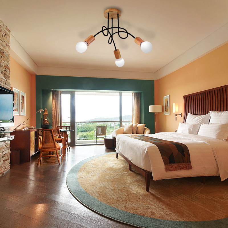 Open Bulb Metal Ceiling Flush Mount Loft Industrial 3/5 Lights Indoor Semi Mount Lighting with Wooden Cap 3 Wood Clearhalo 'Ceiling Lights' 'Close To Ceiling Lights' 'Close to ceiling' 'Semi-flushmount' Lighting' 161942