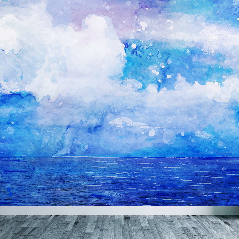 Watercolor Ocean Mural Decal Modern Non-Woven Textured Wall Decor in Light Color Ocean Blue Clearhalo 'Wall Decor' 'Wall Mural' 1619436