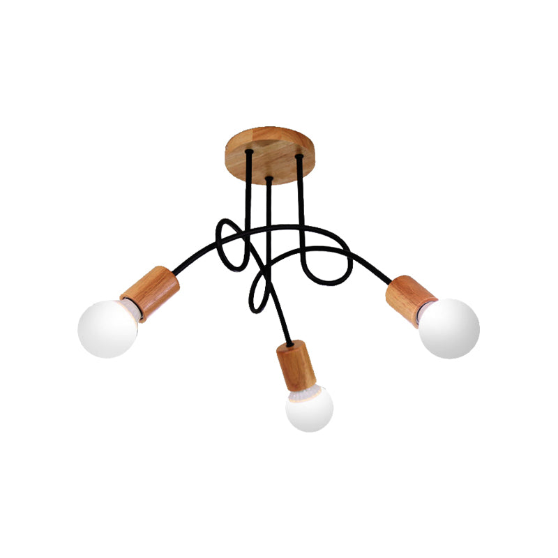 Open Bulb Metal Ceiling Flush Mount Loft Industrial 3/5 Lights Indoor Semi Mount Lighting with Wooden Cap Clearhalo 'Ceiling Lights' 'Close To Ceiling Lights' 'Close to ceiling' 'Semi-flushmount' Lighting' 161944