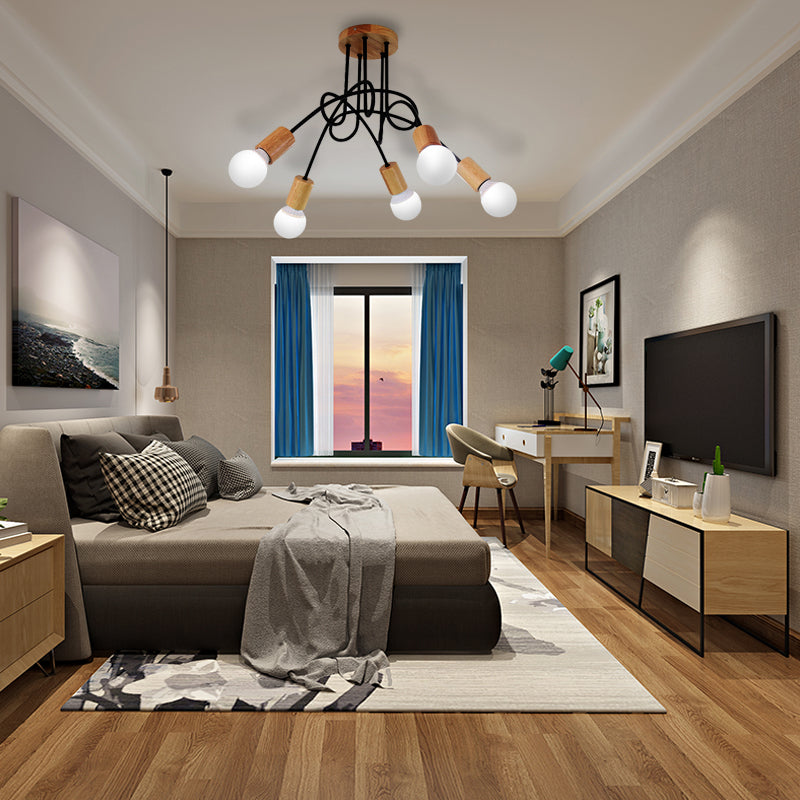 Open Bulb Metal Ceiling Flush Mount Loft Industrial 3/5 Lights Indoor Semi Mount Lighting with Wooden Cap 5 Wood Clearhalo 'Ceiling Lights' 'Close To Ceiling Lights' 'Close to ceiling' 'Semi-flushmount' Lighting' 161948