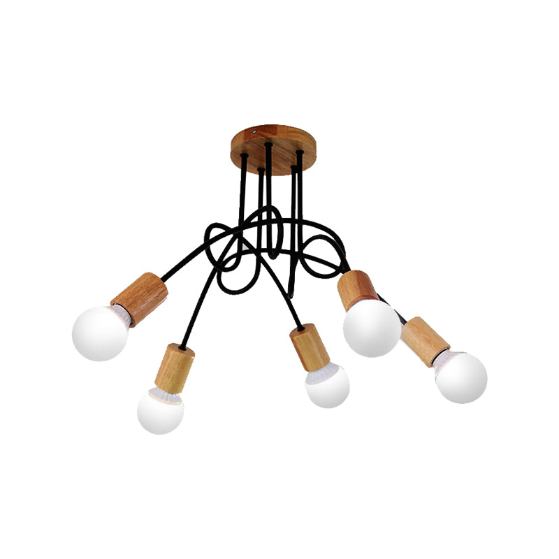 Open Bulb Metal Ceiling Flush Mount Loft Industrial 3/5 Lights Indoor Semi Mount Lighting with Wooden Cap Clearhalo 'Ceiling Lights' 'Close To Ceiling Lights' 'Close to ceiling' 'Semi-flushmount' Lighting' 161949