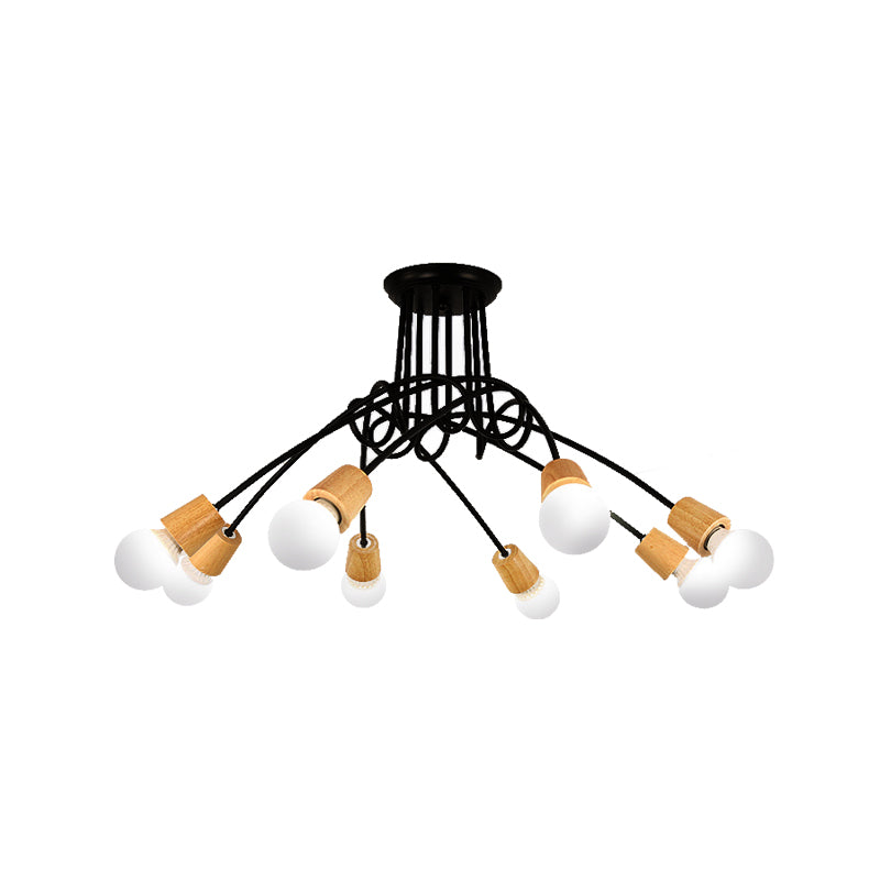 Metal Open Bulb Ceiling Light Fixture with Twisted Arm Loft Style 3/5 Lights Kitchen Semi Flush Pendant Light in Wood Clearhalo 'Ceiling Lights' 'Close To Ceiling Lights' 'Close to ceiling' 'Semi-flushmount' Lighting' 161954