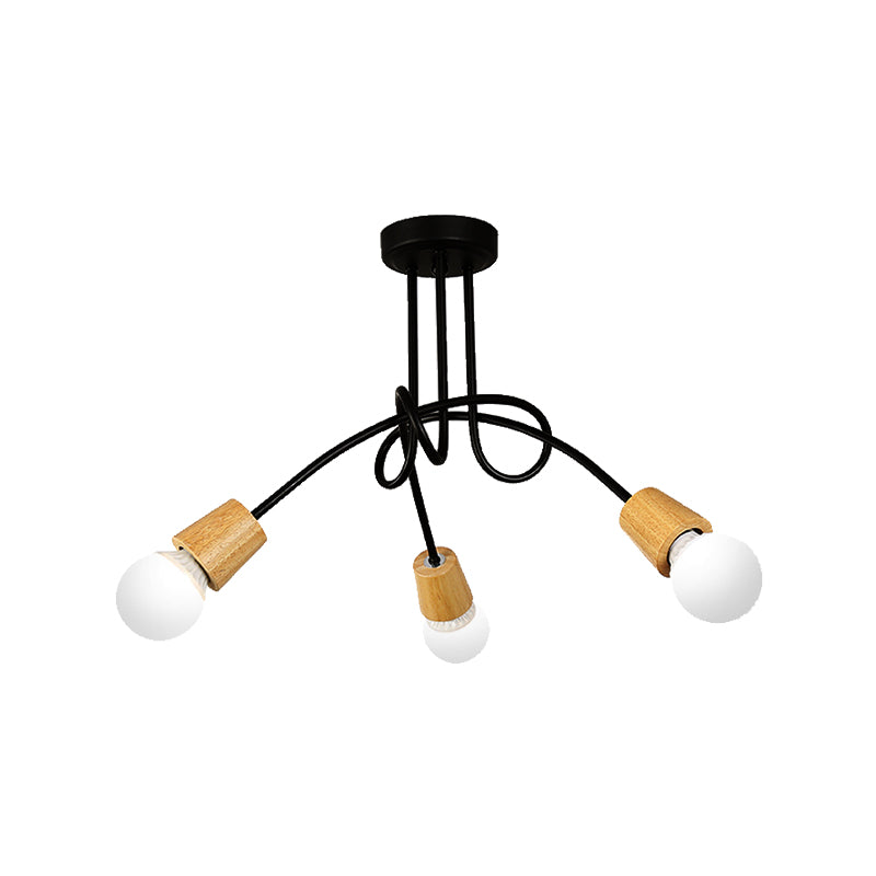 Metal Open Bulb Ceiling Light Fixture with Twisted Arm Loft Style 3/5 Lights Kitchen Semi Flush Pendant Light in Wood Clearhalo 'Ceiling Lights' 'Close To Ceiling Lights' 'Close to ceiling' 'Semi-flushmount' Lighting' 161961