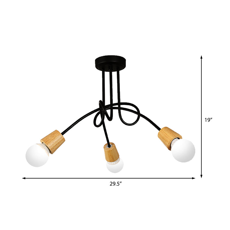 Metal Open Bulb Ceiling Light Fixture with Twisted Arm Loft Style 3/5 Lights Kitchen Semi Flush Pendant Light in Wood Clearhalo 'Ceiling Lights' 'Close To Ceiling Lights' 'Close to ceiling' 'Semi-flushmount' Lighting' 161962